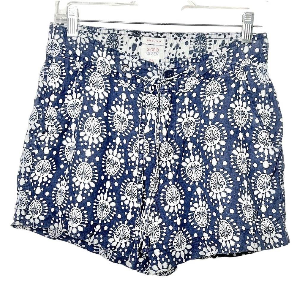 SIGRID OLSENS Shorts Blue white floral BOHO 100% Linen Beach Small Drawstring‎